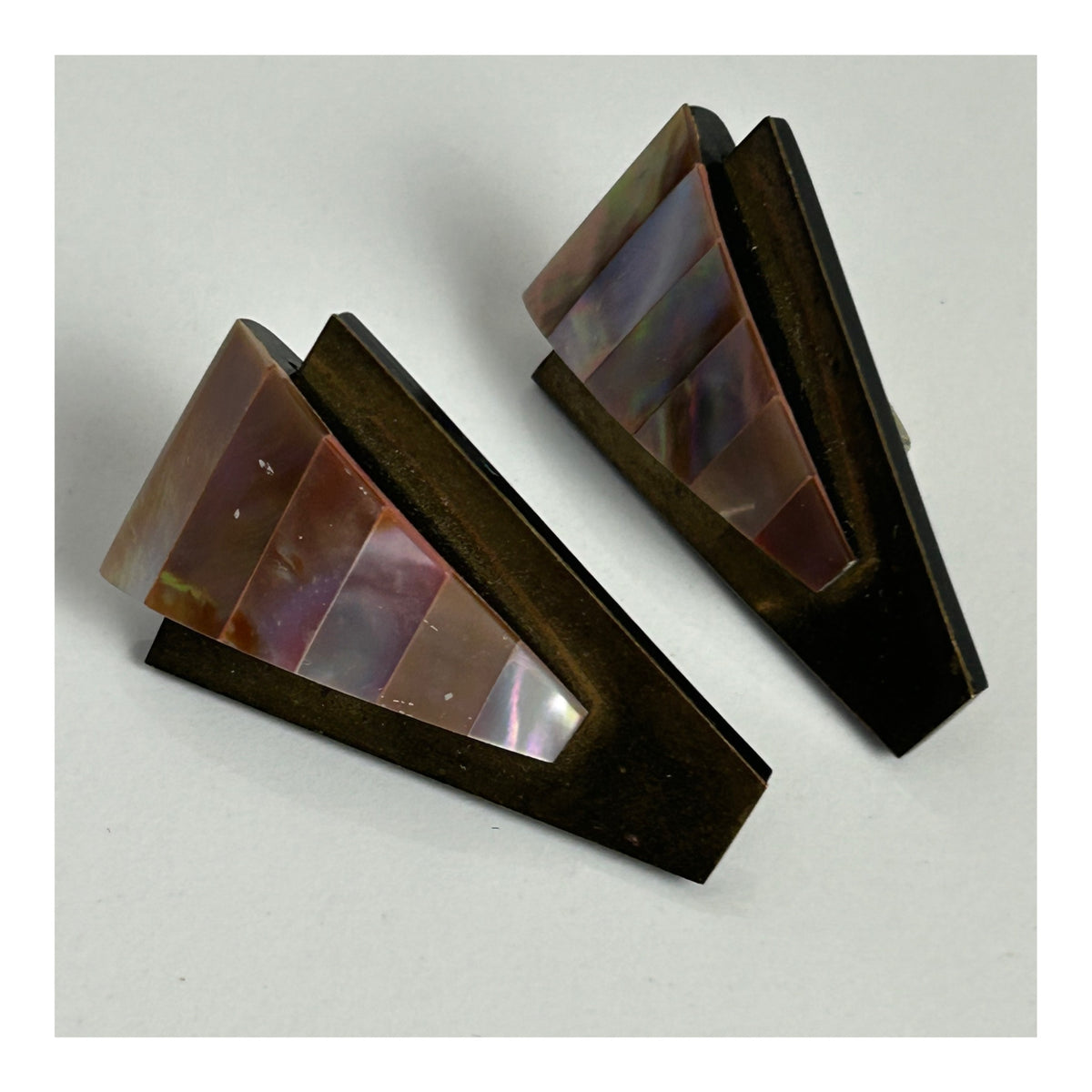 Vintage 1980s Brass Plastic & Mother Of Pearl Art Deco Style Clip On Earrings
