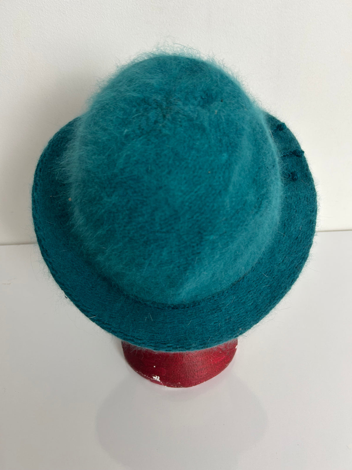 Vintage Teal Green Angora Mix Braid Trim Tie Detail Fedora Style Hat