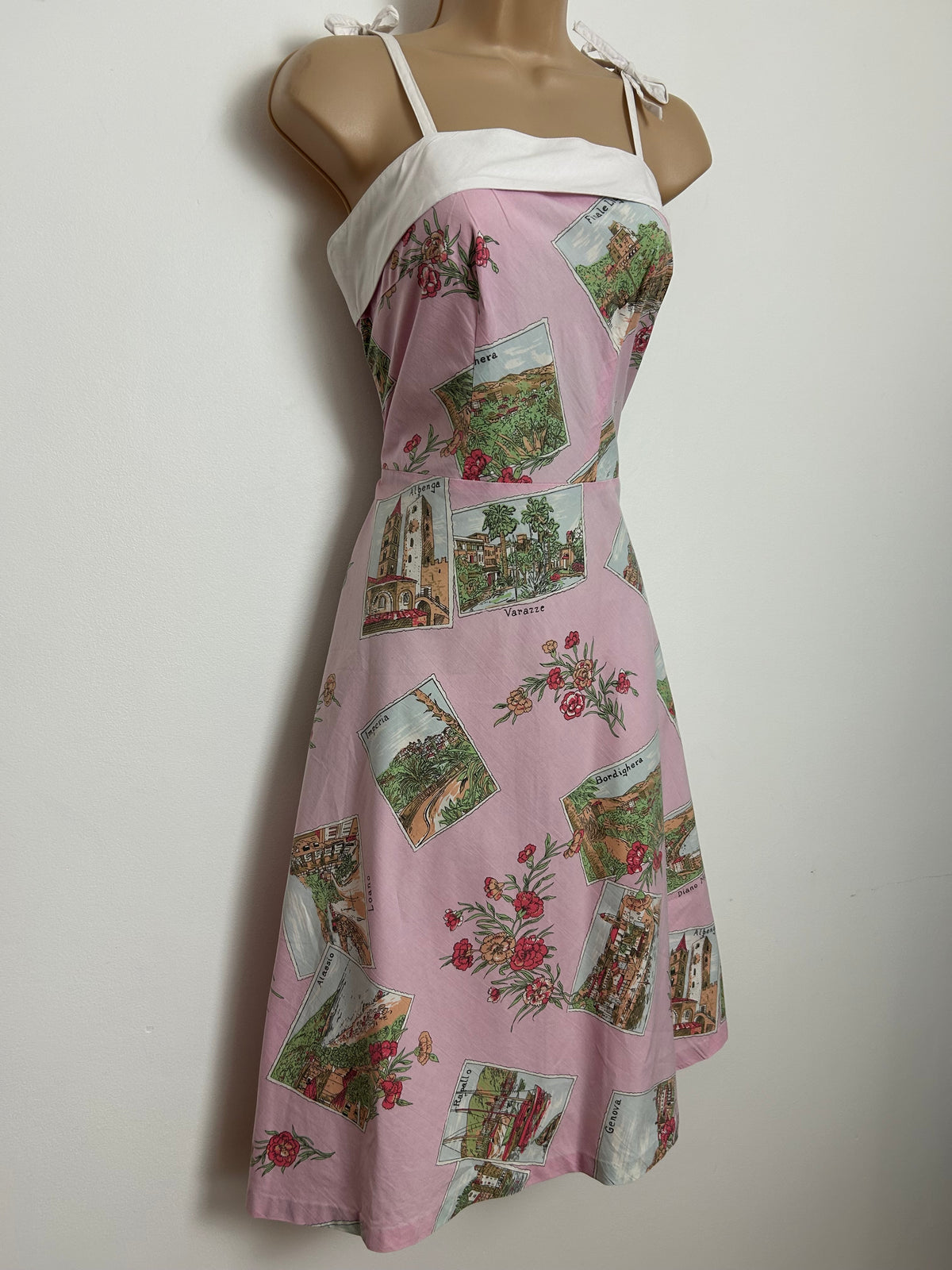 Vintage 1980s Size 8-10 Pink Italian Cities Postcard Print 50s Style Cotton Sun Dress