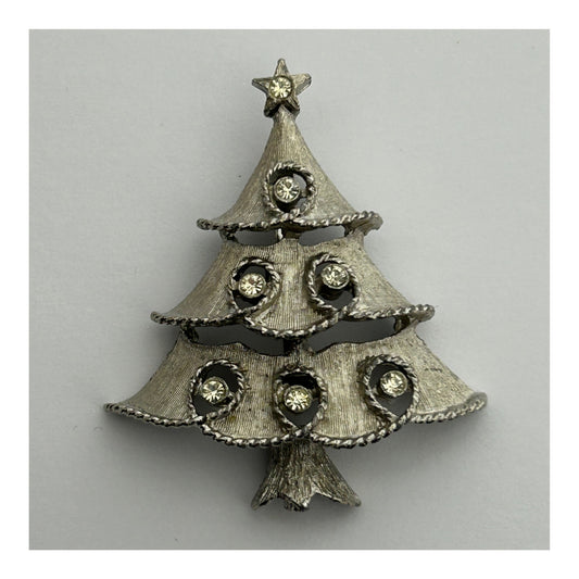 Vintage Cute Brushed Silver Diamante Set Christmas Tree Pin Brooch