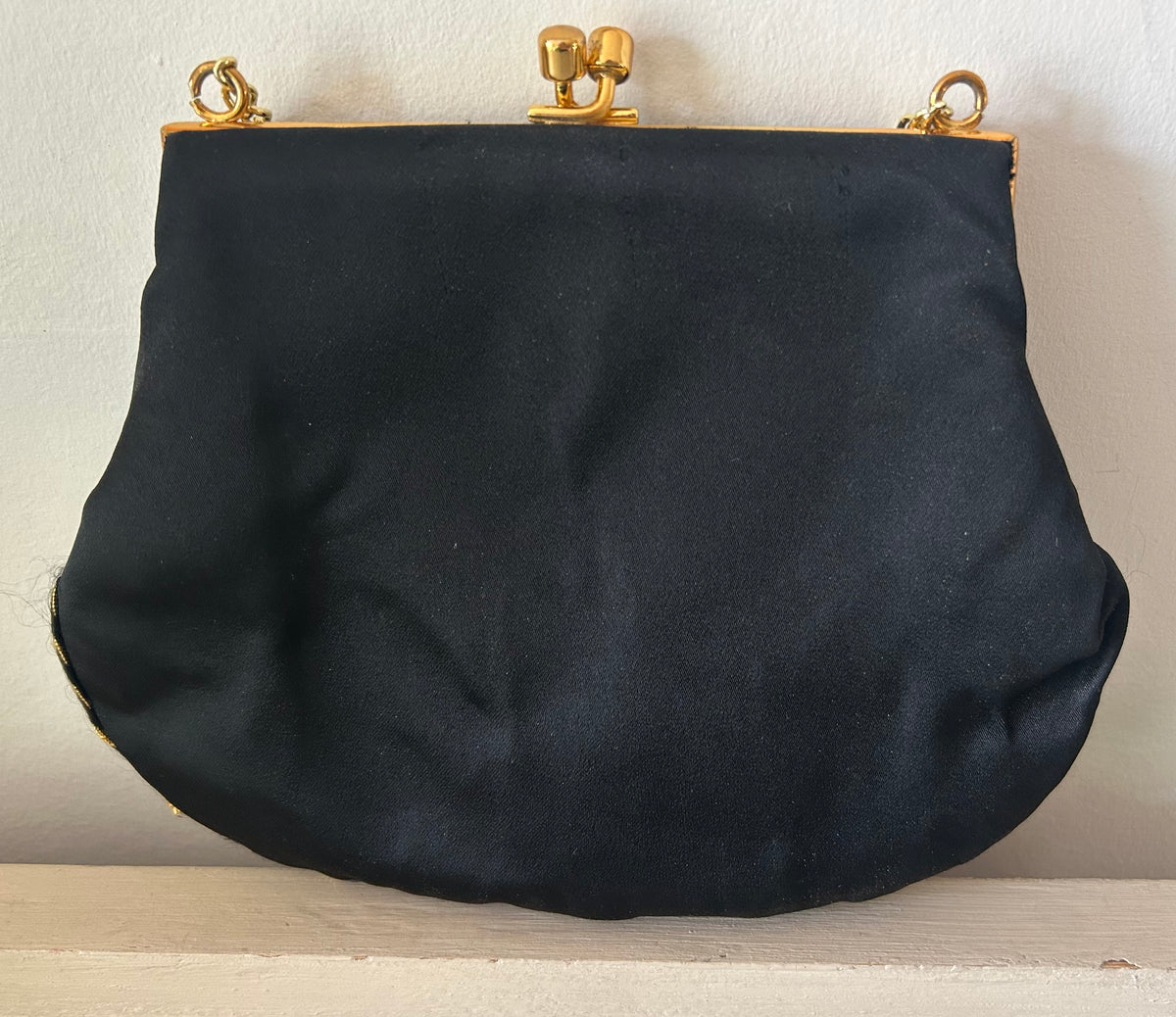 Vintage 1960s Small Black & Metallic Gold Satin Fabric Evening Bag With Chain Handle