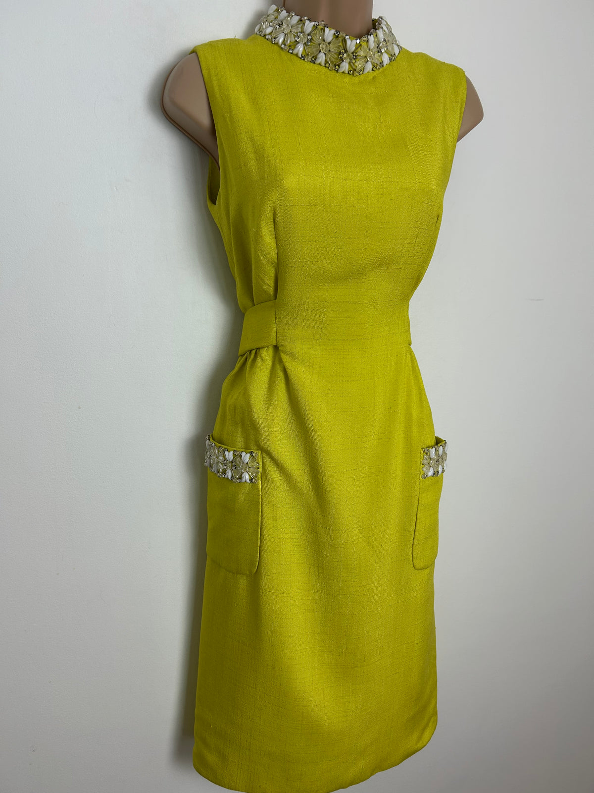 Vintage 1960s DYNASTY INTERNATIONAL Size 10  Chartreuse Bead Embellished Mod Special Occasion Party Dress