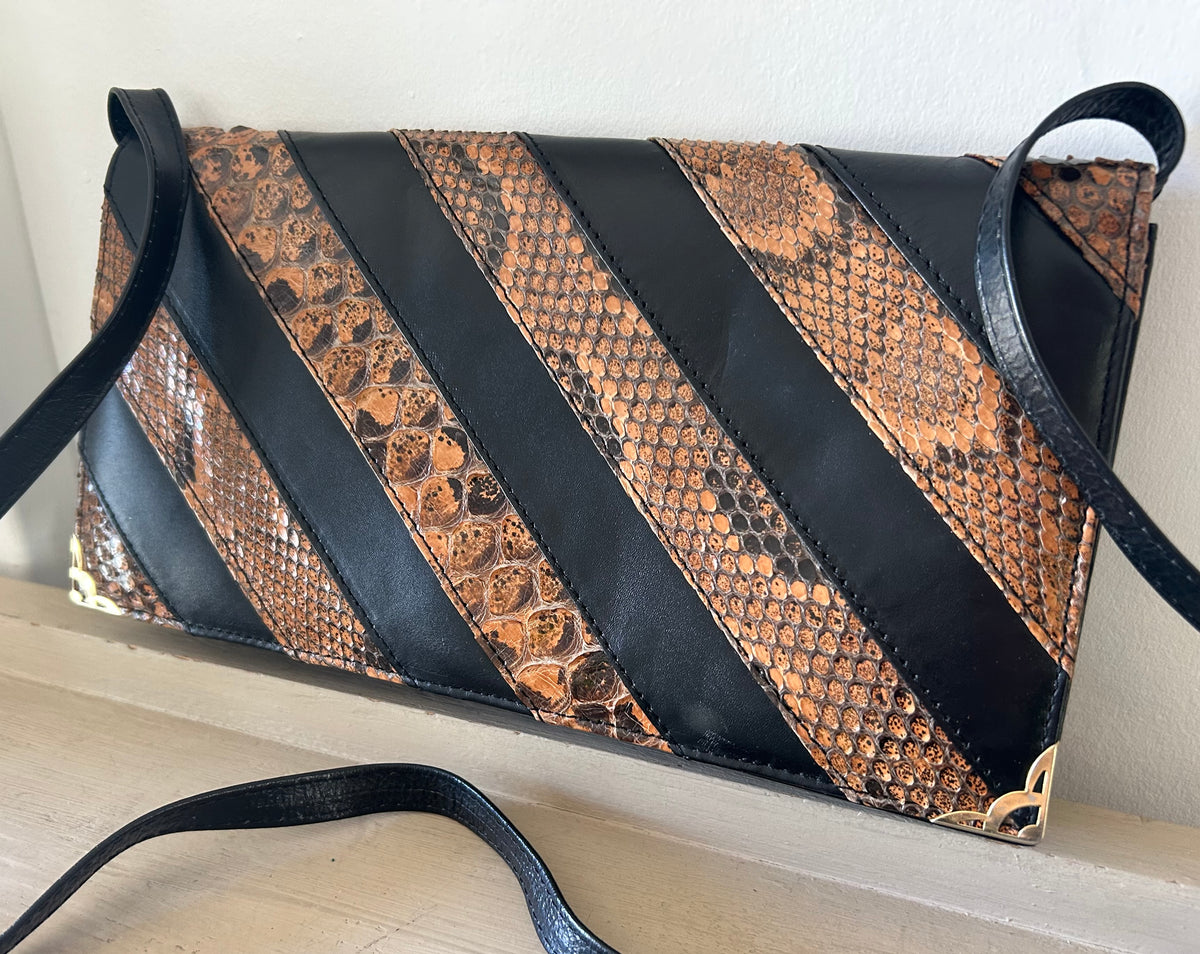 Vintage Black & Brown Reptile Stripe Pattern Clutch or Shoulder Bag