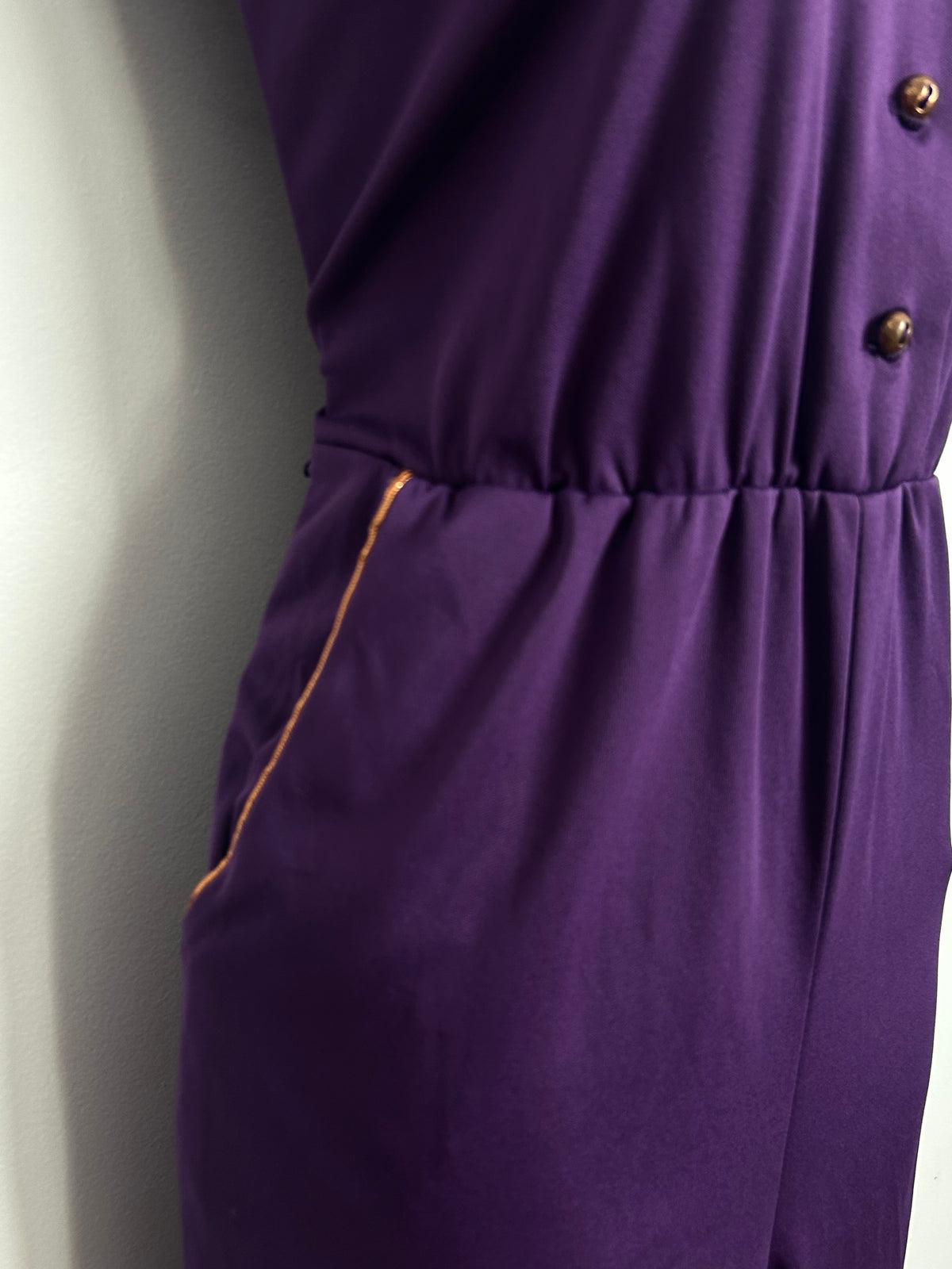Vintage Early 1980s J.C Penney Purple & Bronze Piping Trim Straight Leg Jumpsuit