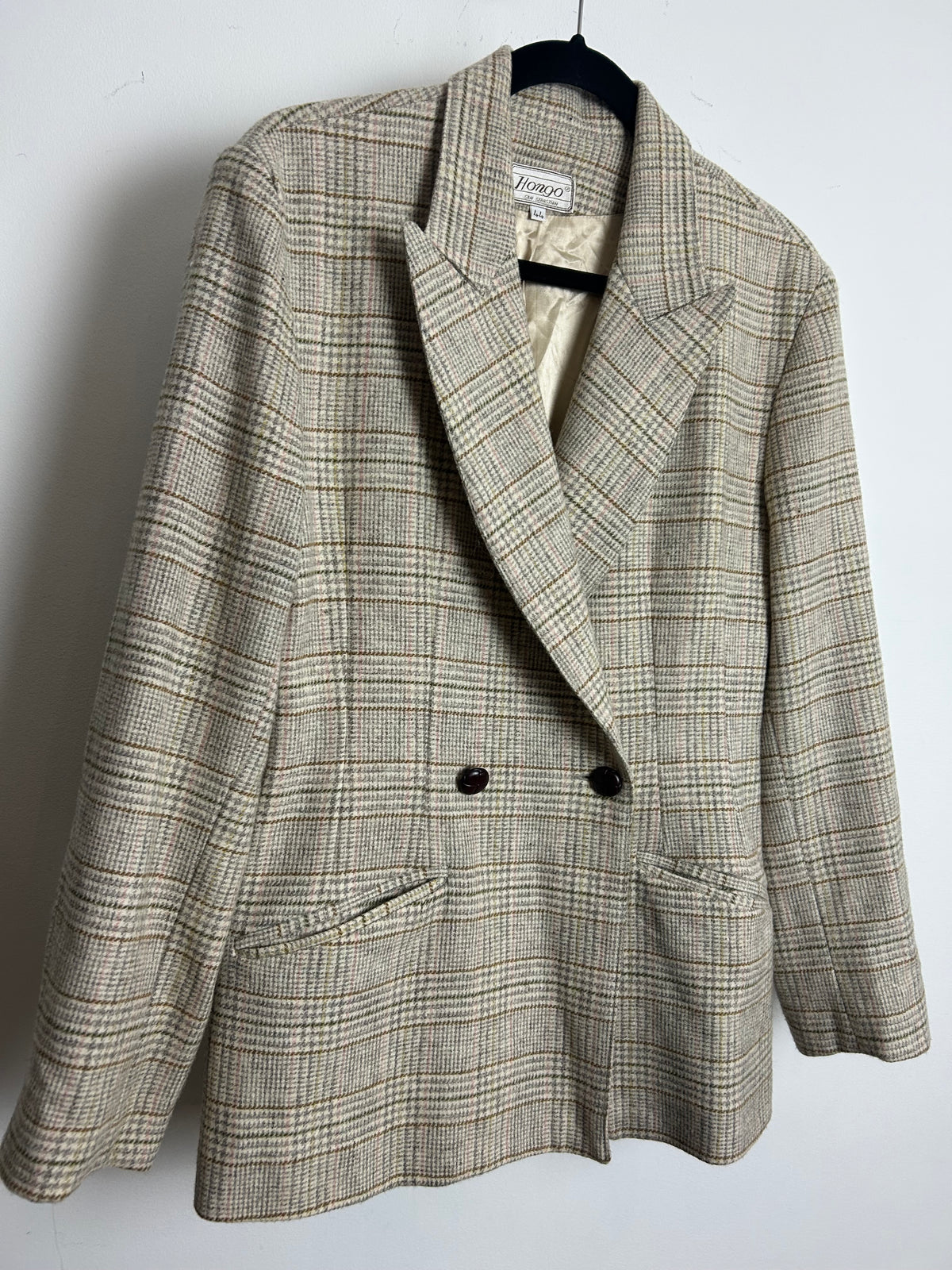 Vintage 1980s HONGO SAN SEBASTIAN Size 12 Beige Brown Grey & Pink Check Wool Mix Blazer