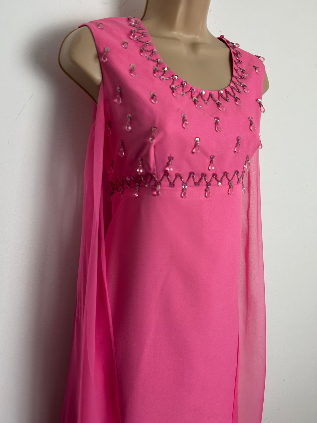 Vintage 1960s Size 8-10 Candy Pink Sequin & Droplet Bead Embellished Cape Layer Occasion Maxi Dress