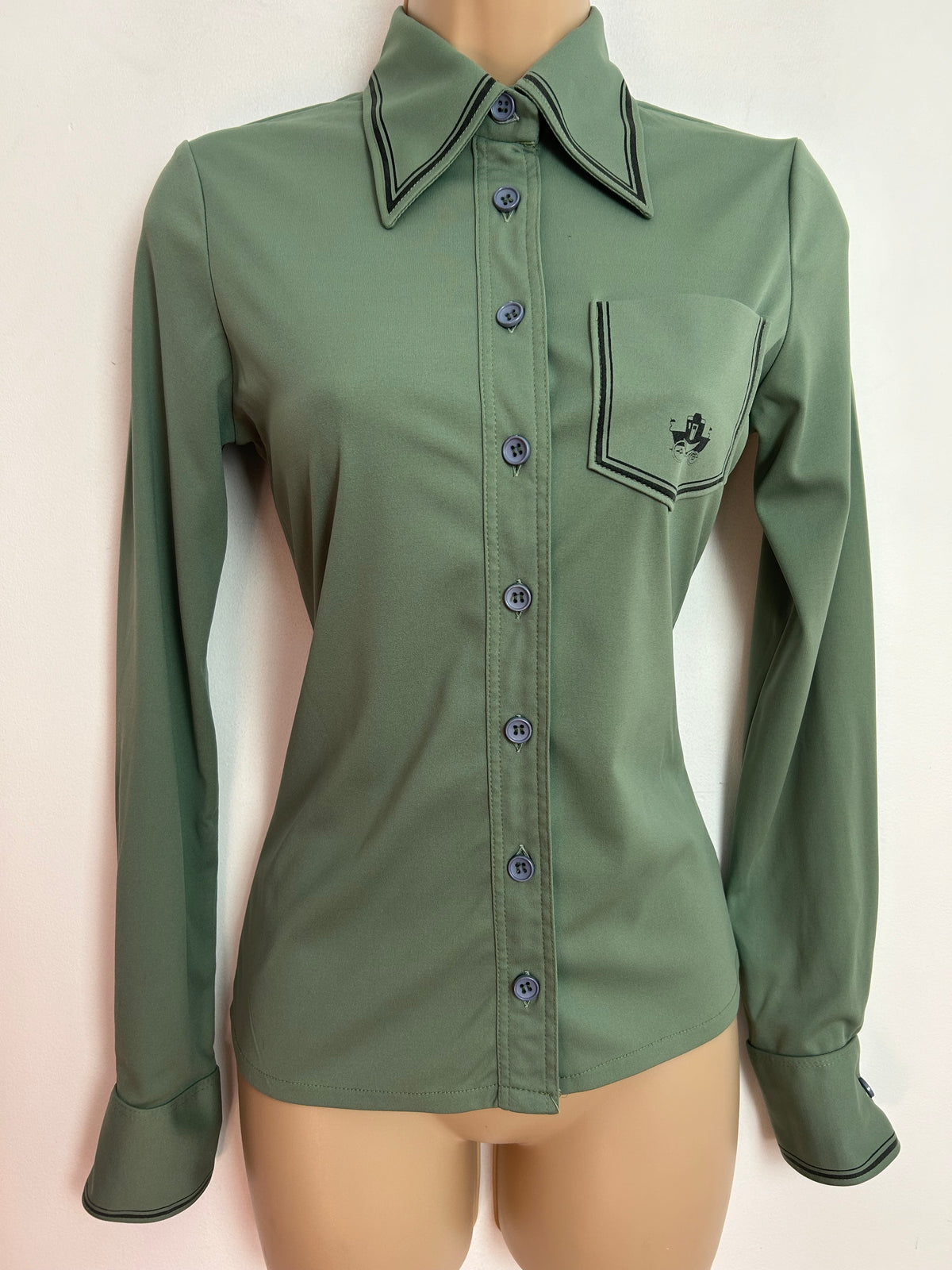 Vintage 1970s UK Size 8 Sage Green Stripe Print Pocket Detail Long Sleeve Shirt