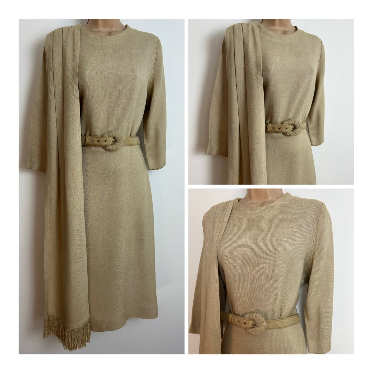 Vintage 1950s CHARLES BUTLER Size 12 Beige MOYGASHEL Irish Linen Belted Dress
