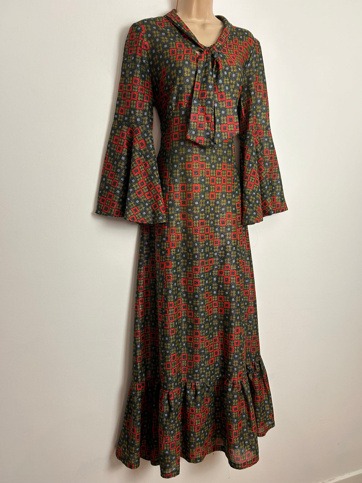 Vintage 1970s UK Size 14 Black Red Gold & Silver Lurex Geo Print Scarf Neck Tie Back Maxi Dress