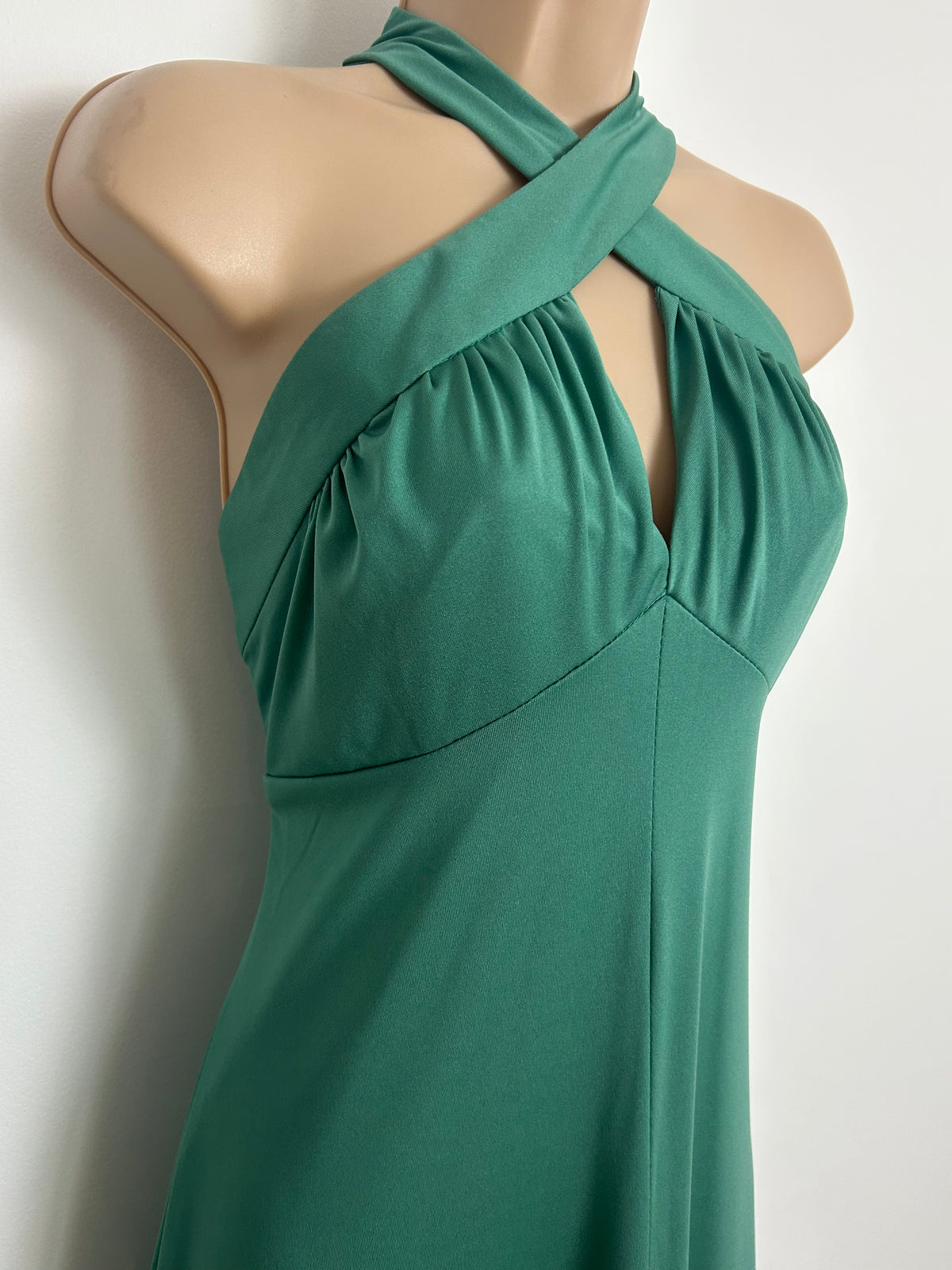 Vintage 1970s PENNY MIST Size 10-12 Green Cross Strap Halterneck Maxi Dress