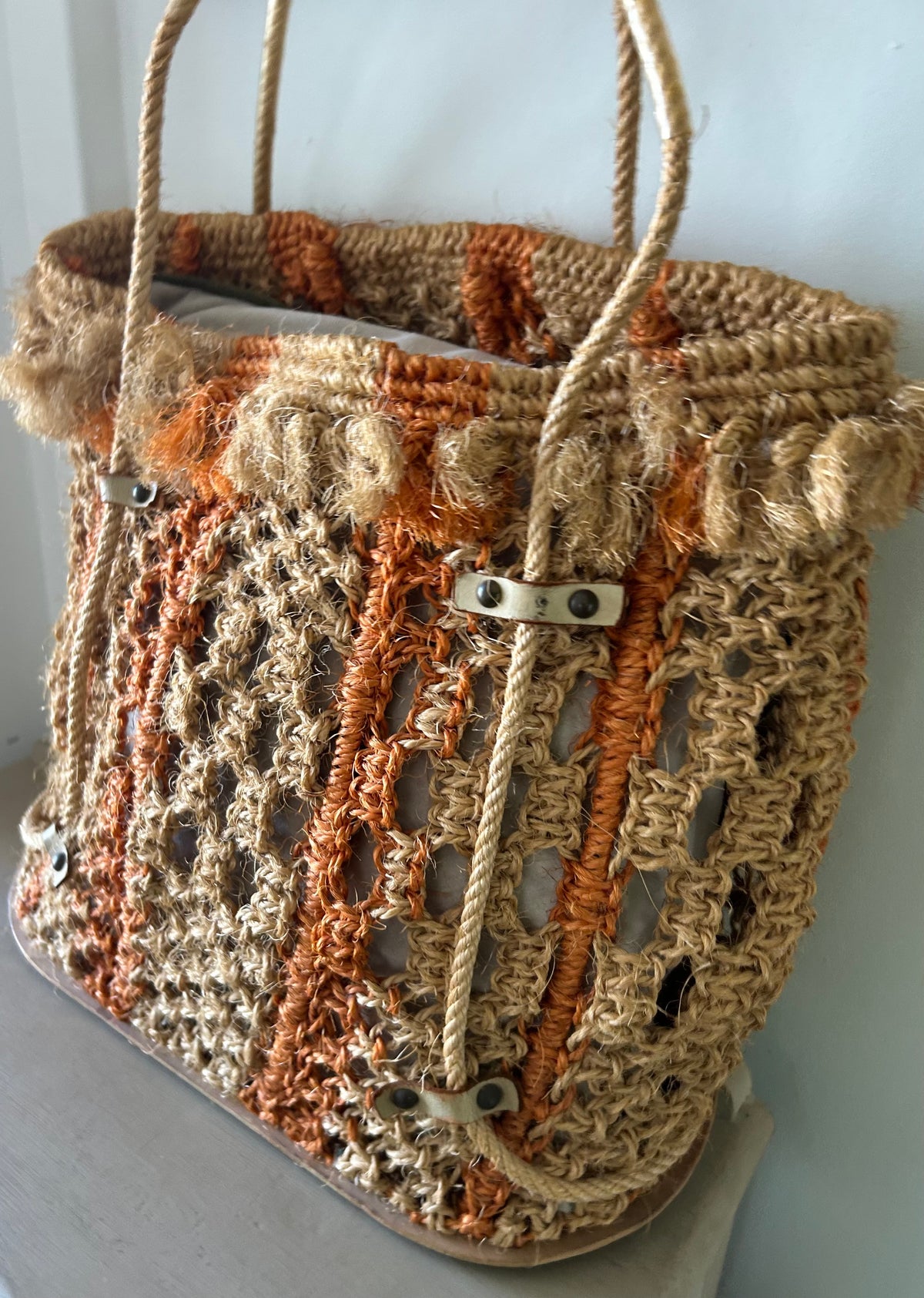 Vintage Late 1960s Early 1970s Large Raffia String Style Woven Beach Bag Shopping Bag
