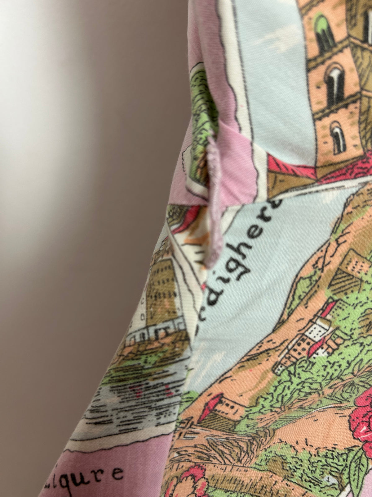Vintage 1980s Size 8-10 Pink Italian Cities Postcard Print 50s Style Cotton Sun Dress