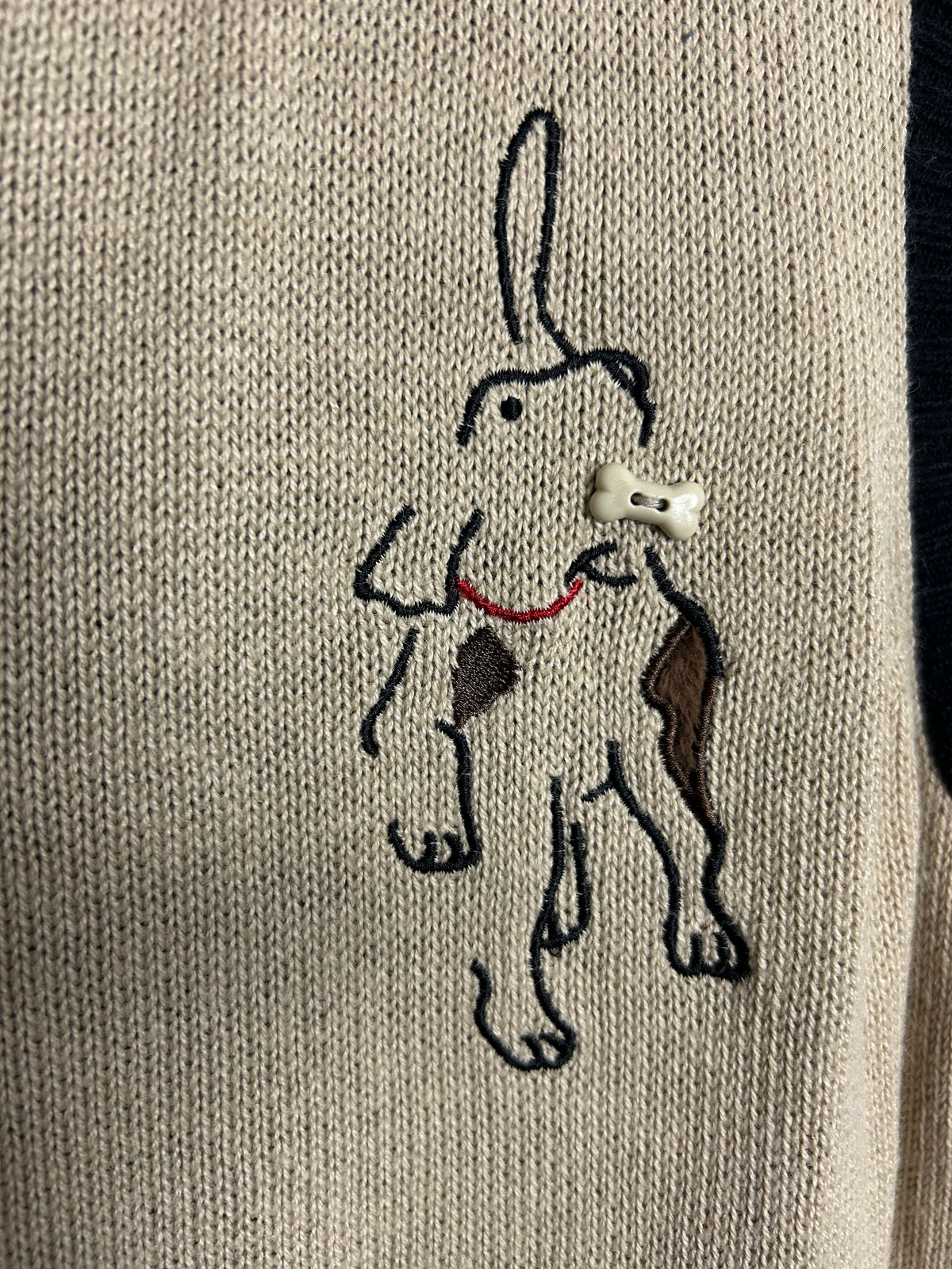 Vintage Y2K CJ BANKS Size 16/18 Black & Beige Cotton Mix Embroidered Dog Pattern Novelty Sleeveless Cardigan