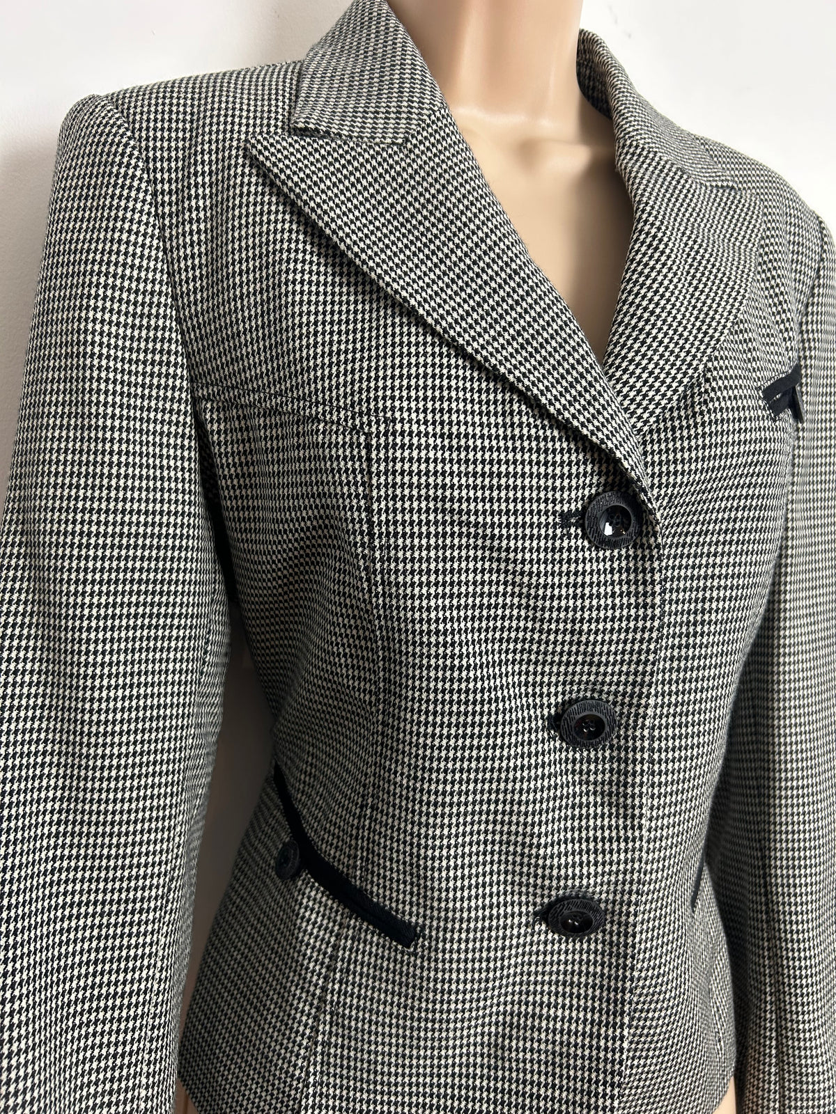 HARVE BENARD Size 10 Black & White Dogtooth Tweed Check 100% Wool Blazer Jacket