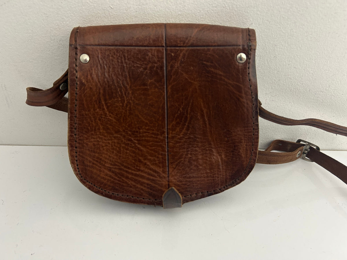 Vintage 1970s Small Brown Leather Tooled Mini Saddle Bag