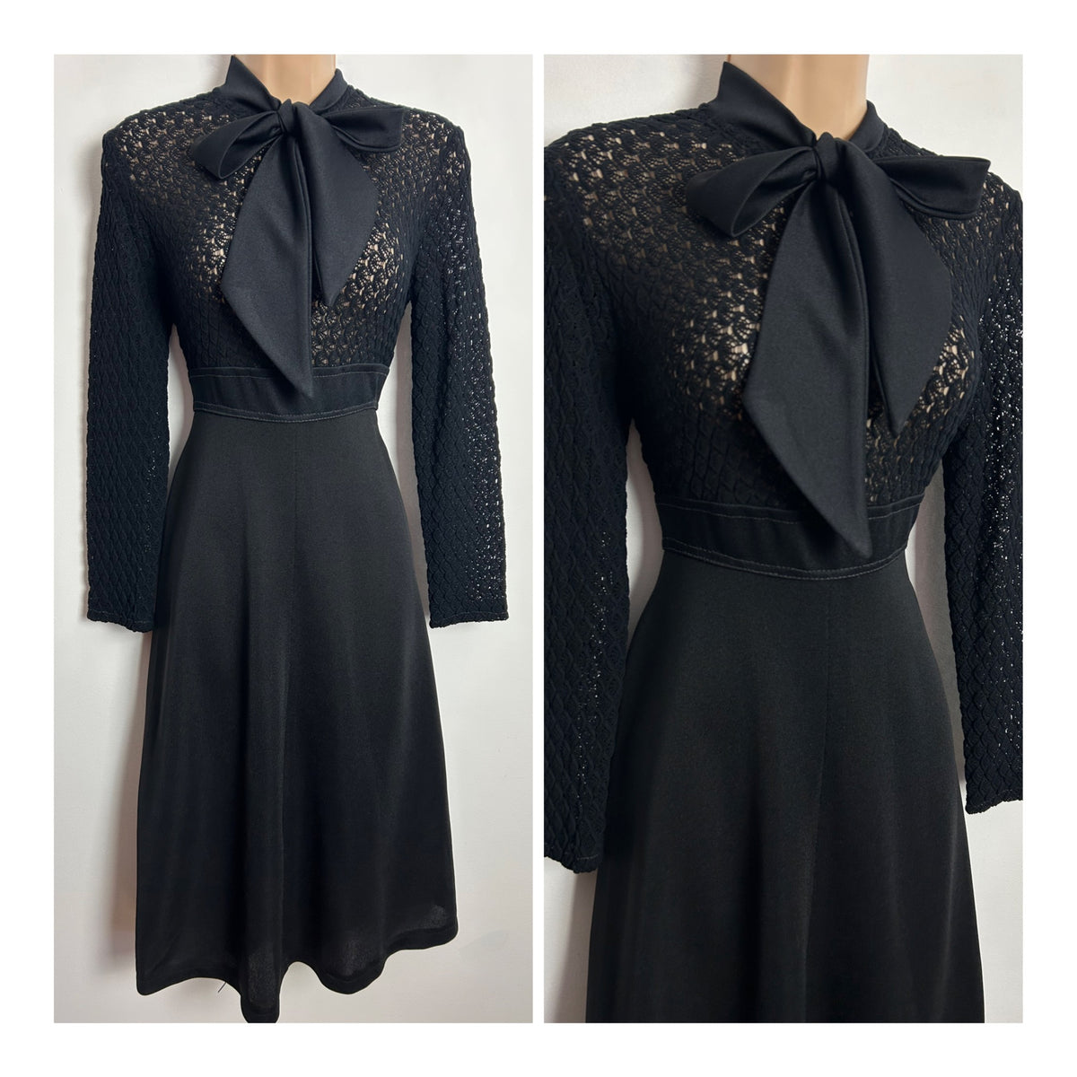 Vintage 1970s UK Size 6-8 Black Stretch Lace Bodice Pussy Bow Long Sleeve Mod Dress