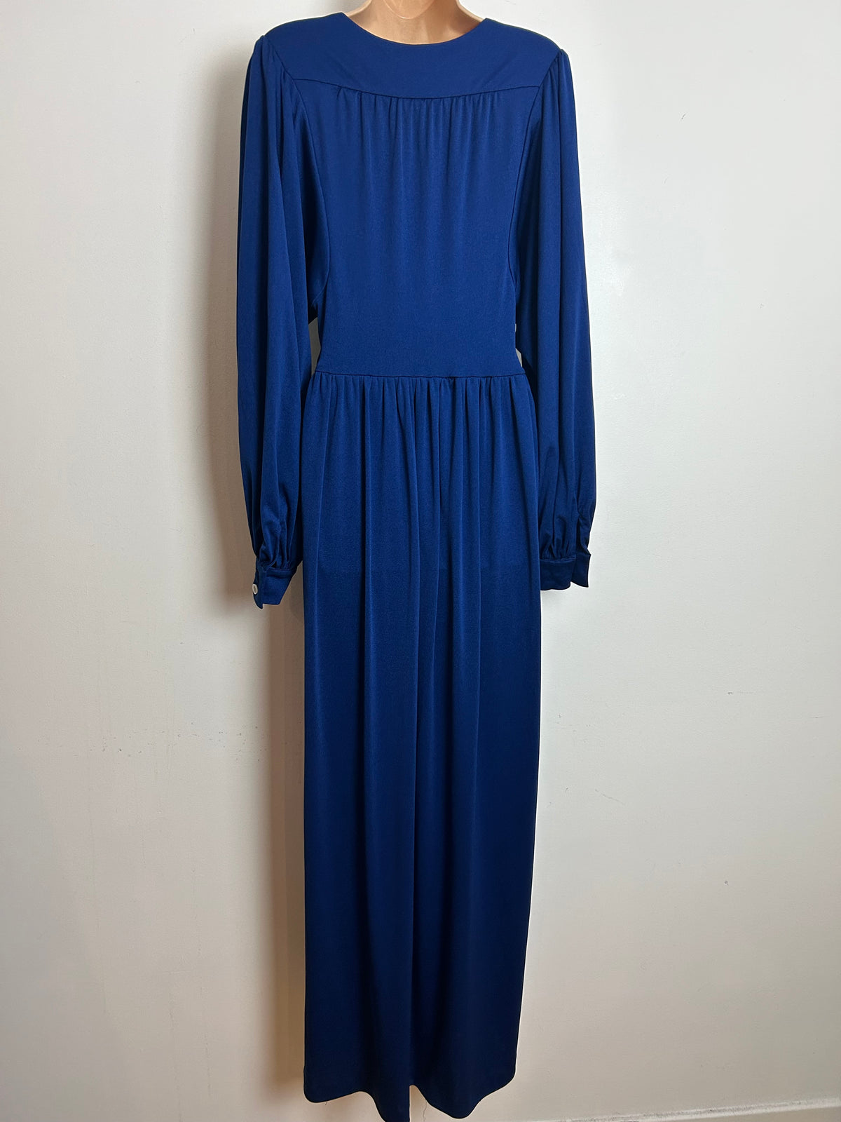 Vintage 1970s EMCAR Size 10-12 Navy Blue Long Billowy Balloon Sleeve Empire Line Maxi Dress
