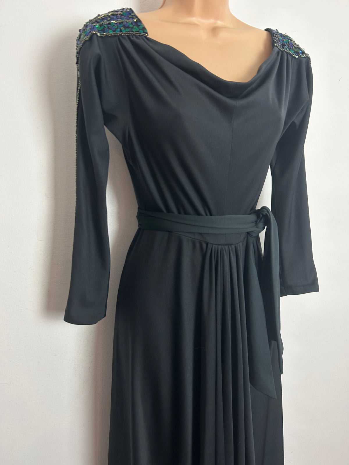 Vintage 1970s FRANK USHER Size 10 Black Bead & Sequin Detail Long Sleeve Belted Evening Maxi Dress
