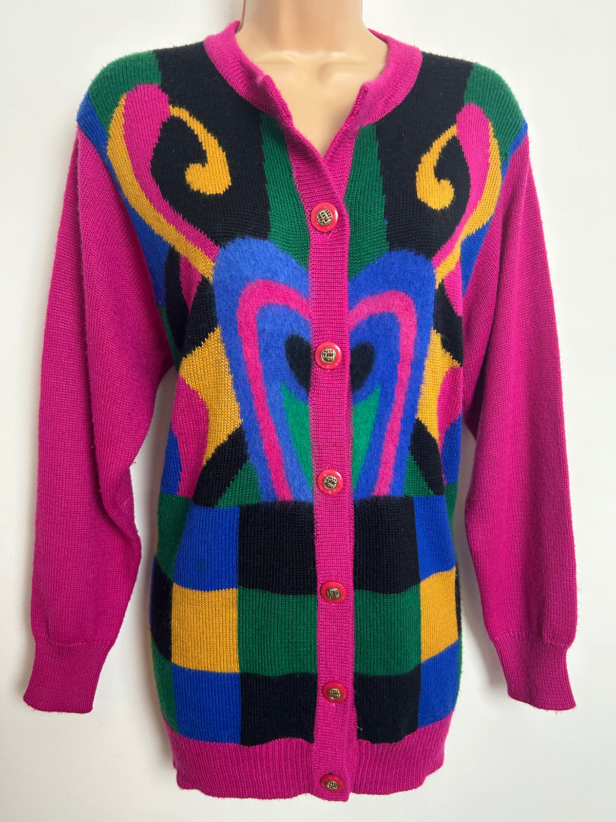 Vintage 1980s Up To Size 12 Pink Mustard Blue Green & Black Abstract Print Wool Mix Cardigan