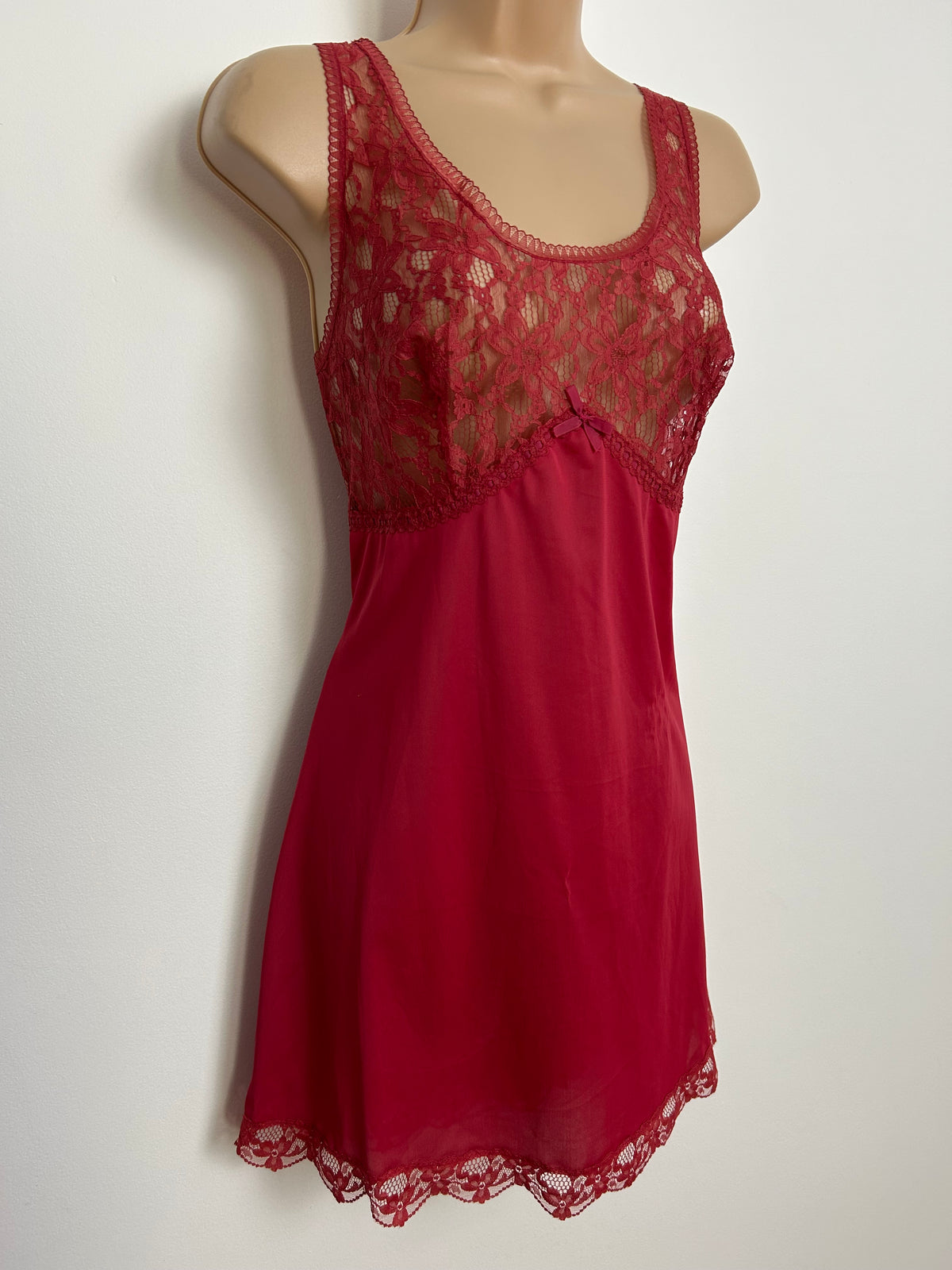 Vintage Size 10 Dark Red Lace Trim Nylon Mini Slip