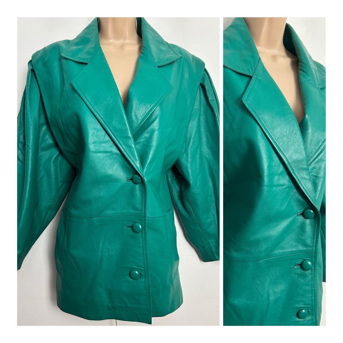 Vintage 1980s UK Size 14 Jade Green Oversized Leather Jacket/Coat