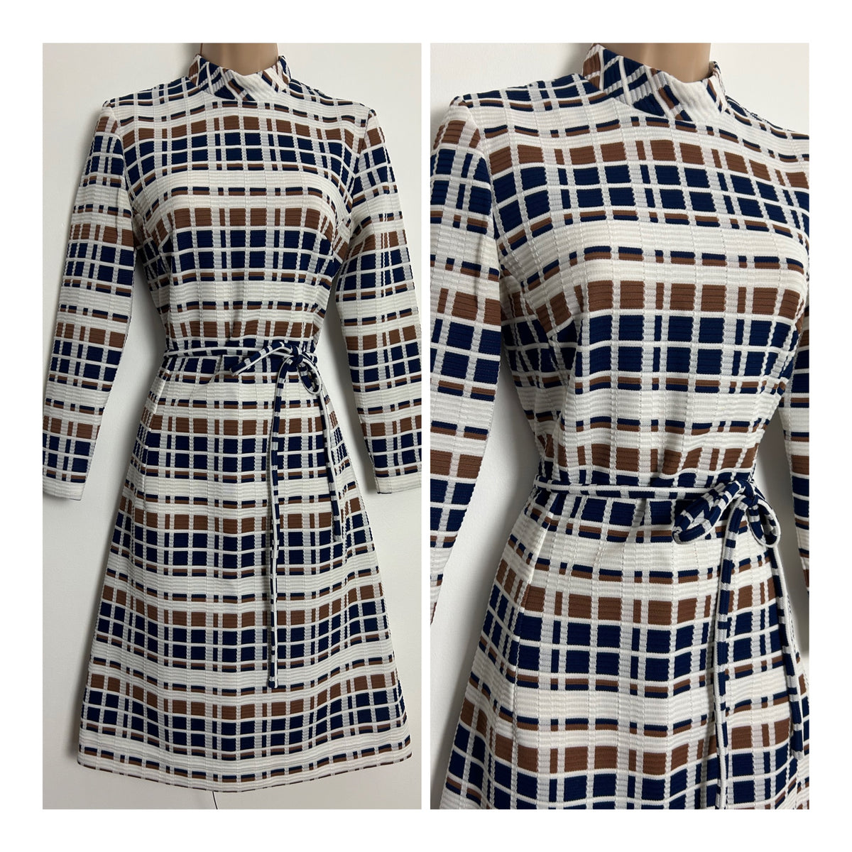 Vintage 1970s ELIZABETH TEES UK Size 10 White Brown Navy Blue Check Print Belted Mod Dress
