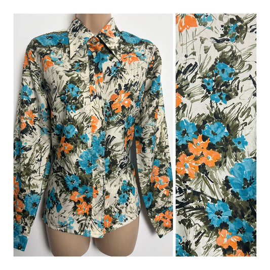 Vintage 1970s LEA KAREL Size 12-14 White Orange & Blue Floral Print Long Sleeve Dagger Collar Shirt