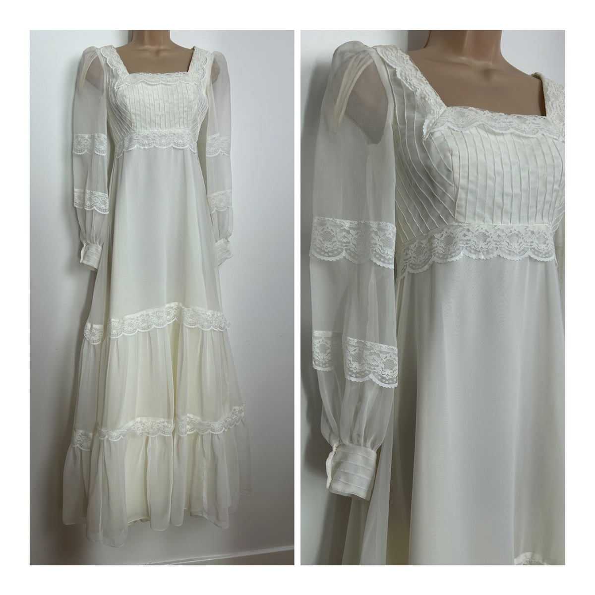 Vintage 1970s Size 6 ELLIS COUTURE BRIDAL Size 6 White Lace & Pintuck Pleated Prairie Boho Maxi Dress