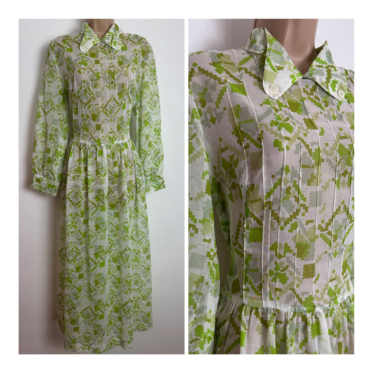 Vintage 1970s Size 10 Lightweight White & Green Abstract Print Cotton Mix Long Sleeve Maxi Dress
