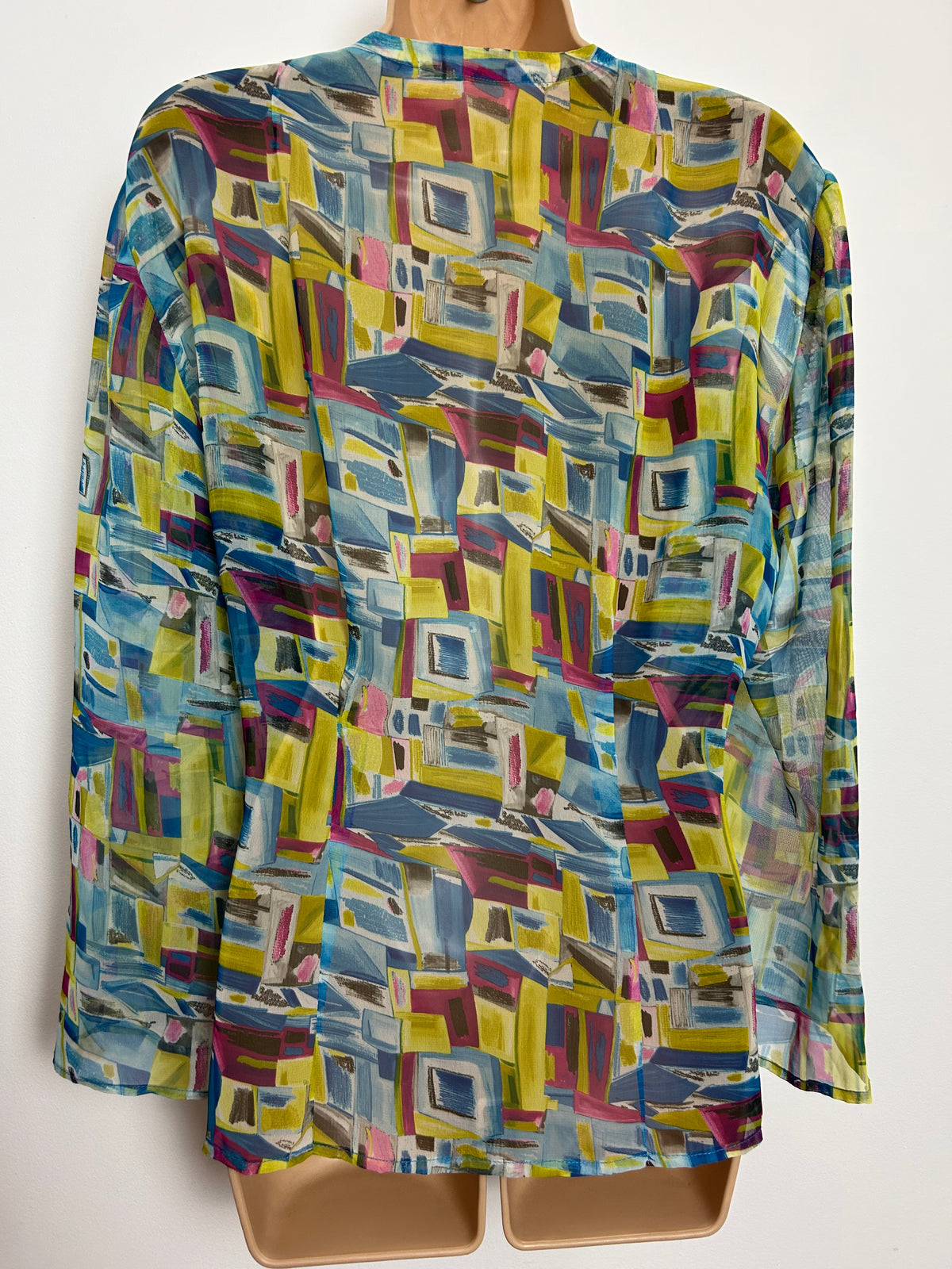 Vintage 1980s Size 12 Blue Pink & Yellowy Green Abstract Print Semi Sheer Tie Front Cover Up Top