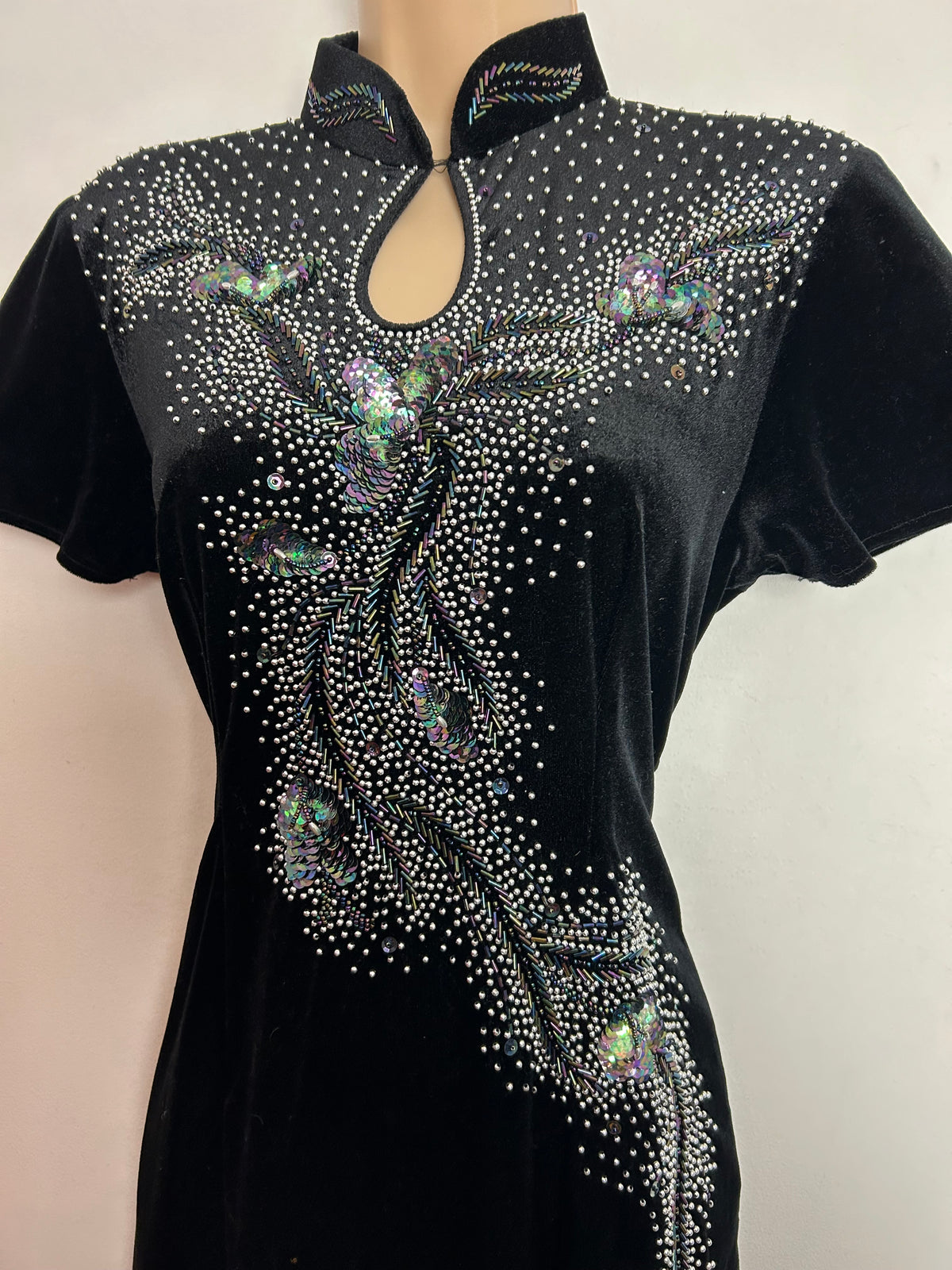 Vintage 1980s UK Size 10-12 Black Velvety Velour Bead & Sequin Embellished Evening Dress