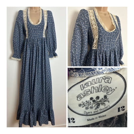 Vintage Early 1970s LAURA ASHLEY MADE IN WALES Size 8 Blue & White Floral Print Lace Cotton Maxi Dress