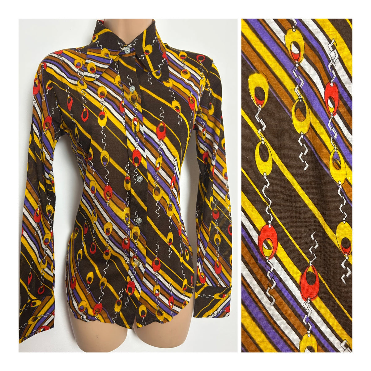 Vintage 1970s SAINT CLOUD Size 6-8 Brown Mustard Red & Purple Abstract Print Beagle Collar Shirt