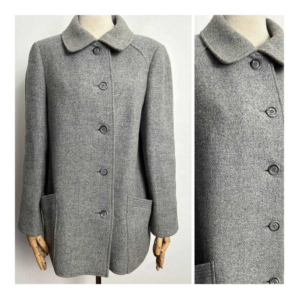 Vintage ST MICHAEL UK Size 14-16 Grey Pure New Wool Coat