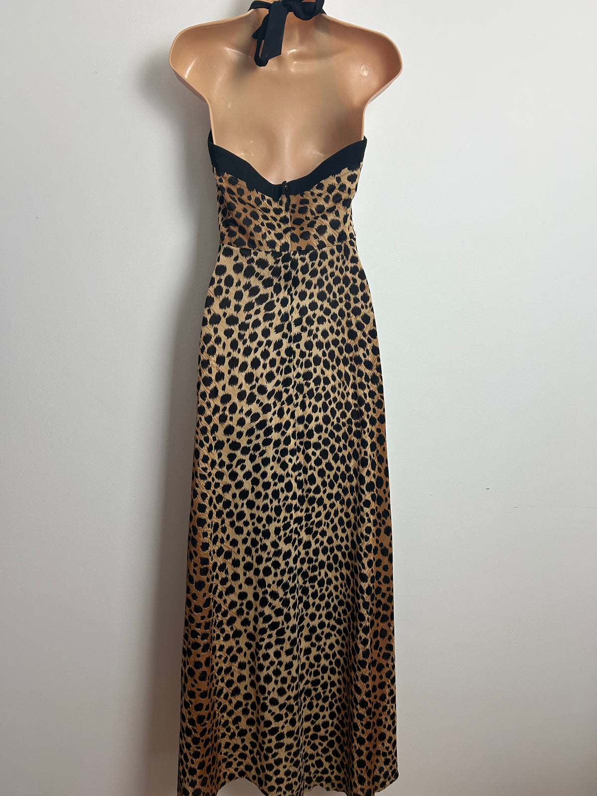 Vintage 1970s WINCHESTER Size 8 Tan & Black Leopard Print Halter Neck Maxi Dress