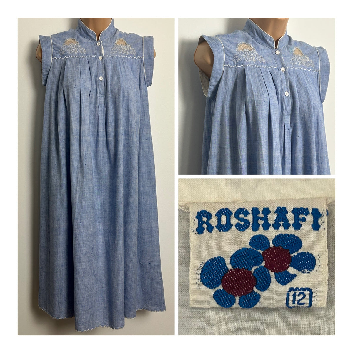 Vintage 1970s ROSHAFI Size 8 Pale Blue Chambray Pocket Detail Indian Cotton Smock Dress