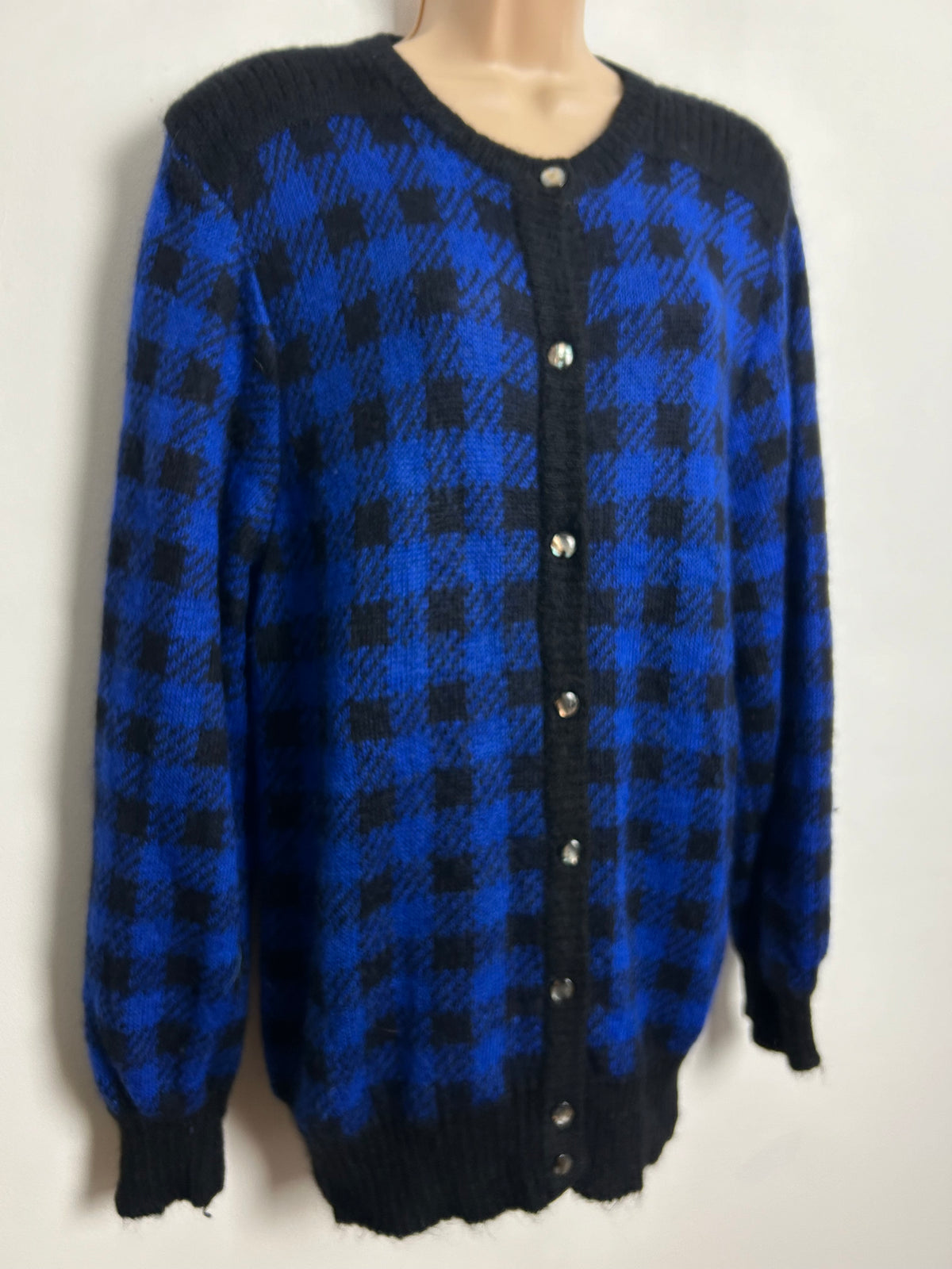 Vintage 1980s One Size Slouchy Blue & Black Check Pattern Superkid Mohair Mix Long Sleeve Cardigan