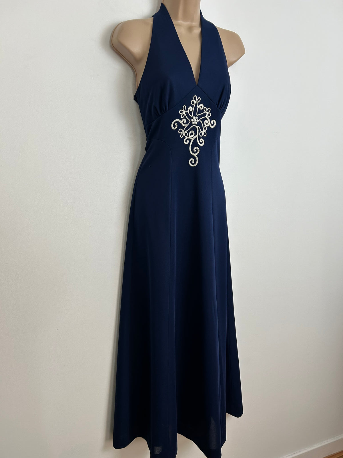 Vintage 1970s Size 8 Navy Blue Sleeveless Braid & Braid Trim Sleeveless Maxi Dress
