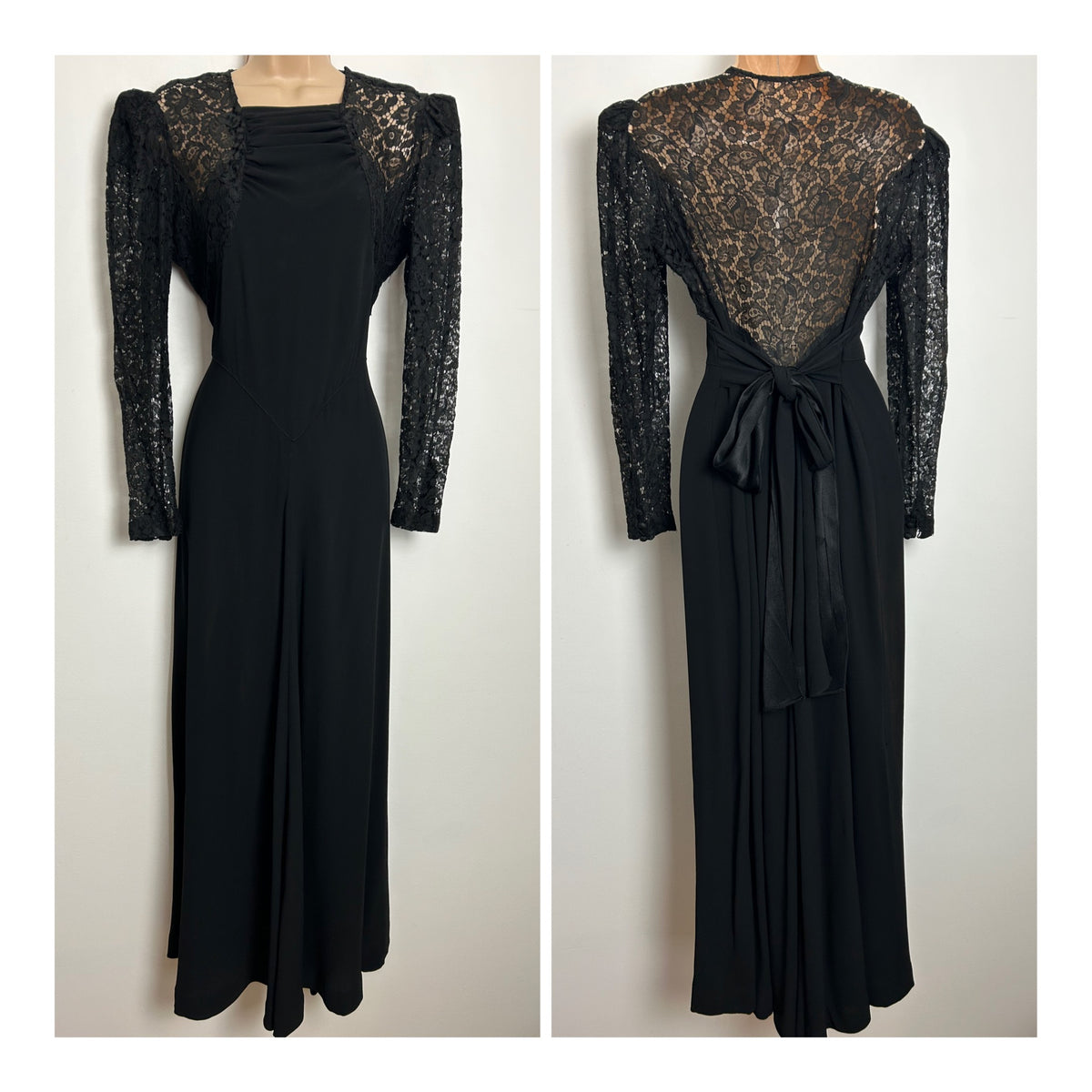 Vintage 1930's 1940's Size 14 STUNNING Black Lace & Satin Backed Rayon Evening Occasion Gown