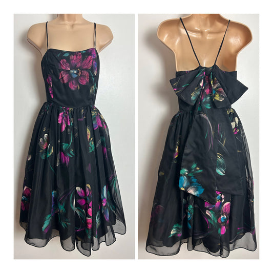 Vintage 1950s Size 6 Back & Pink Hand Printed Floral Print Strappy Bow Back Party Prom Occasion Dress
