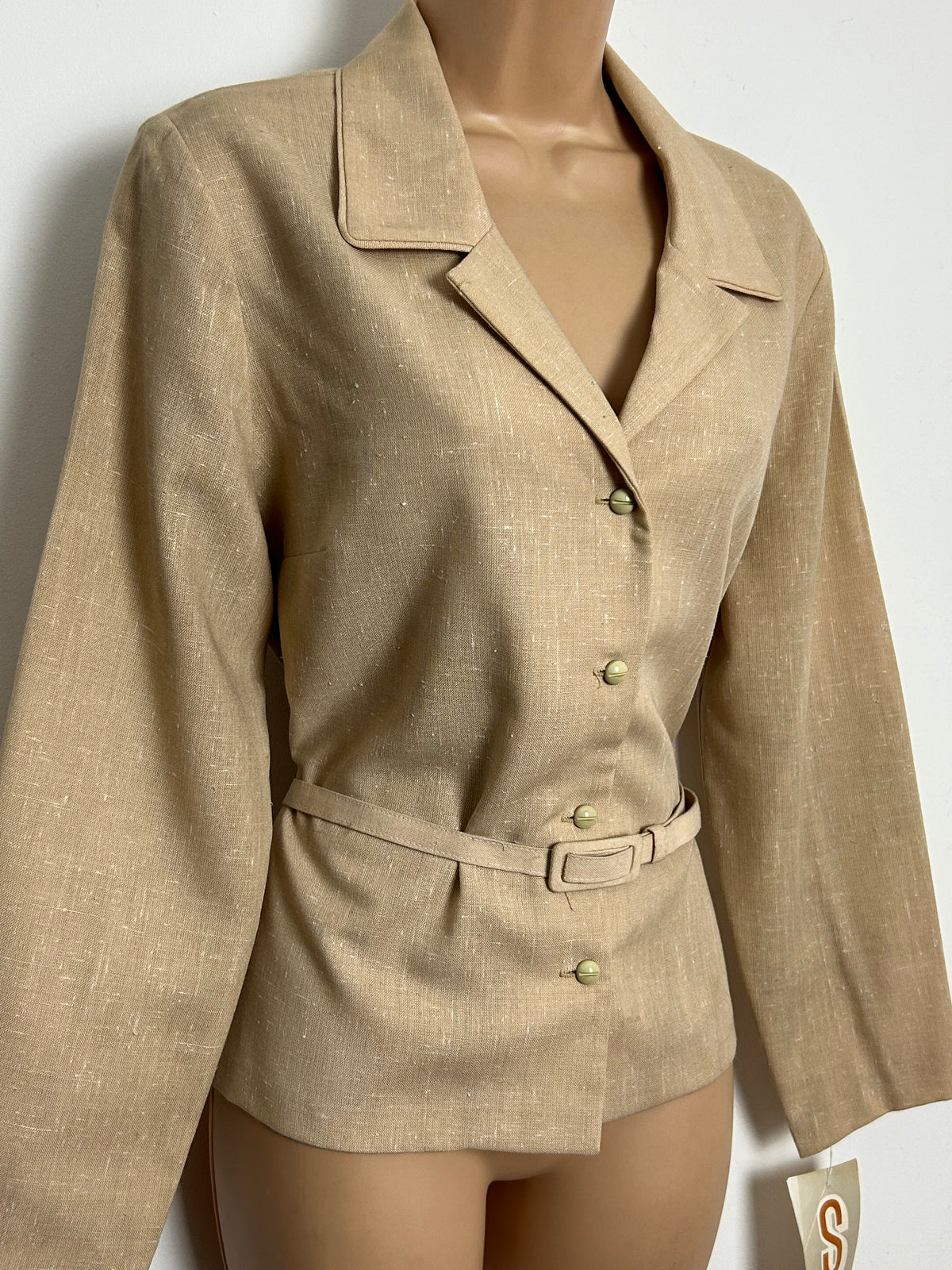 Vintage Late 1960s Deadstock SLIMRAY Size 14 Beige Long Sleeve Belted Shirt