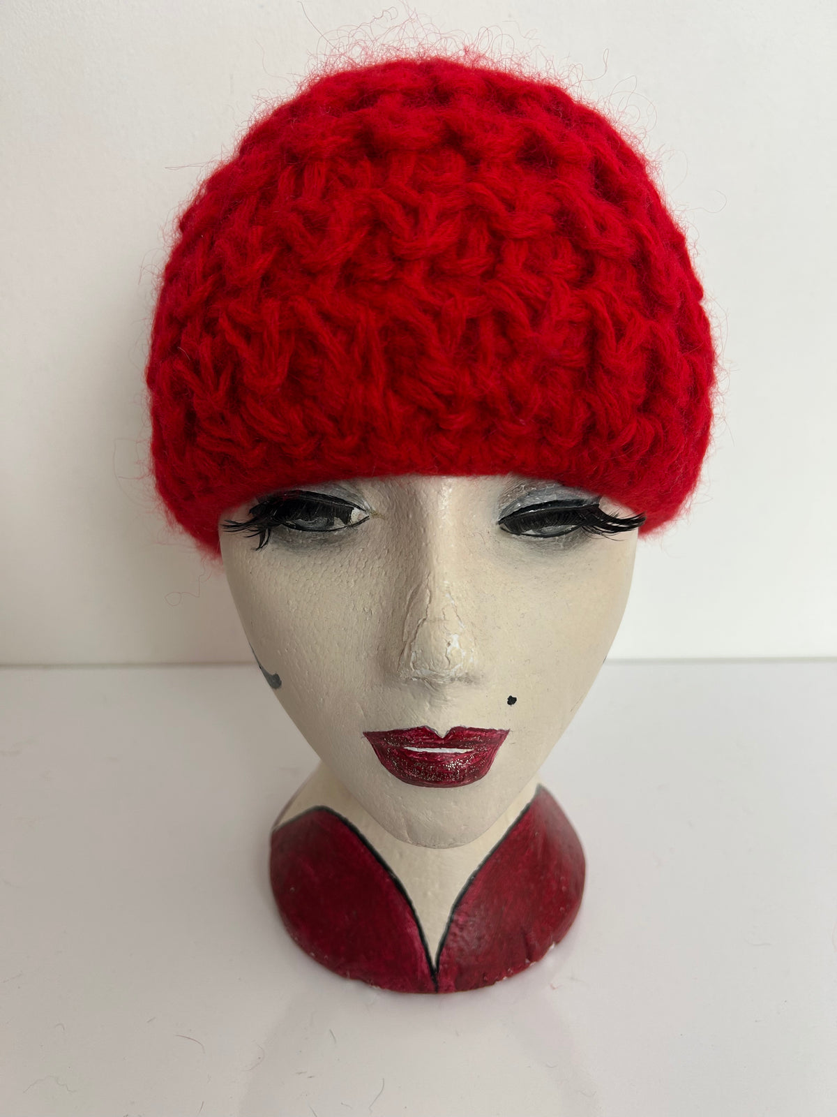 Vintage Red Wool & Angora Chunk Open Stitch Reversible Beanie Beret Style Hat