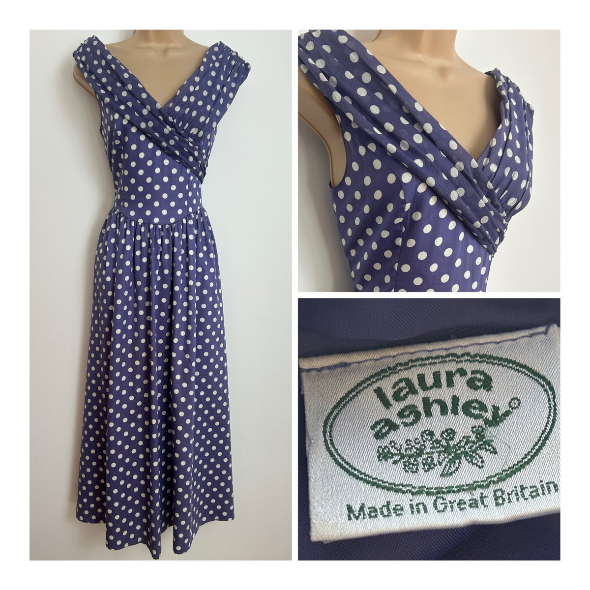 Vintage 1980s LAURA ASHLEY Size 8 (Size 12 On Label) Blue & White Polka Dot Midi Summer Dress