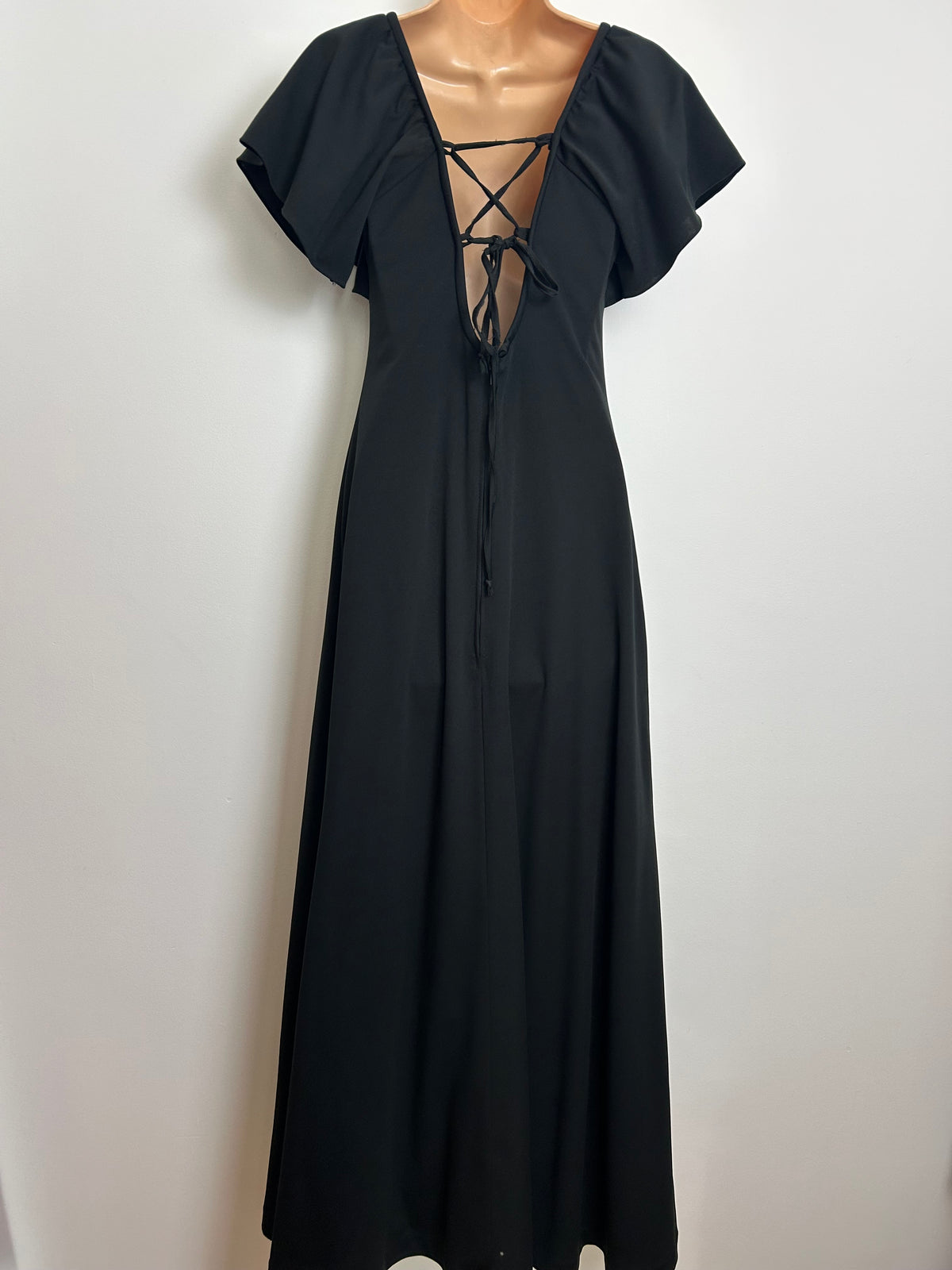 Vintage 1970s Size 6 Black Ruffle Trim Lace Up Back Boho Maxi Dress