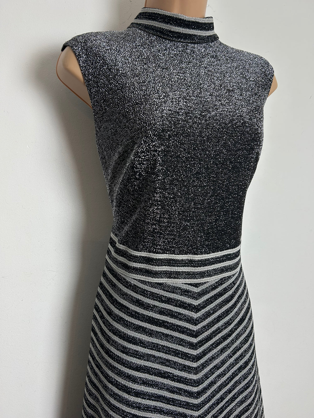 Vintage 1970s Size 12 Black & Silver Lurex Stripe Print Sleeveless Evening Maxi Dress