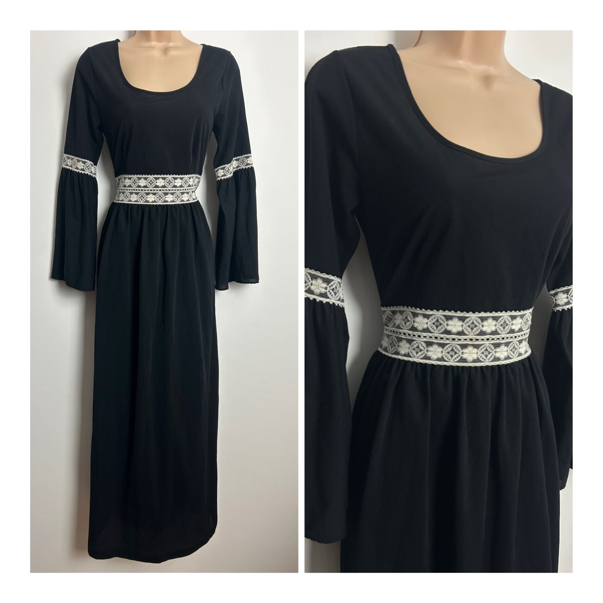 Vintage 1970s Size 8 Black & White Lace Trim Long Sleeve Lightweight Maxi Dress