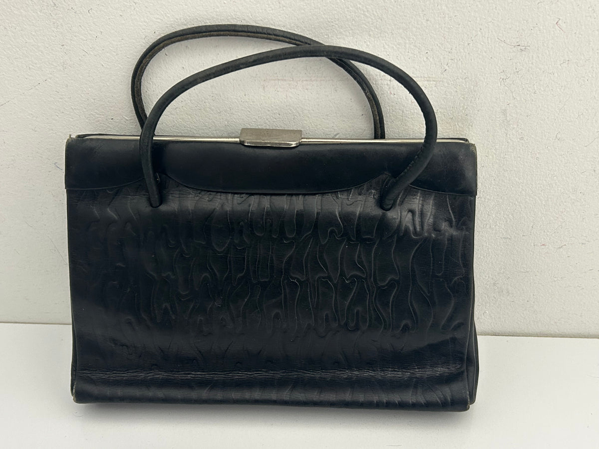 Vintage Early 1950s Small Black Embossed Kelly Style Handbag