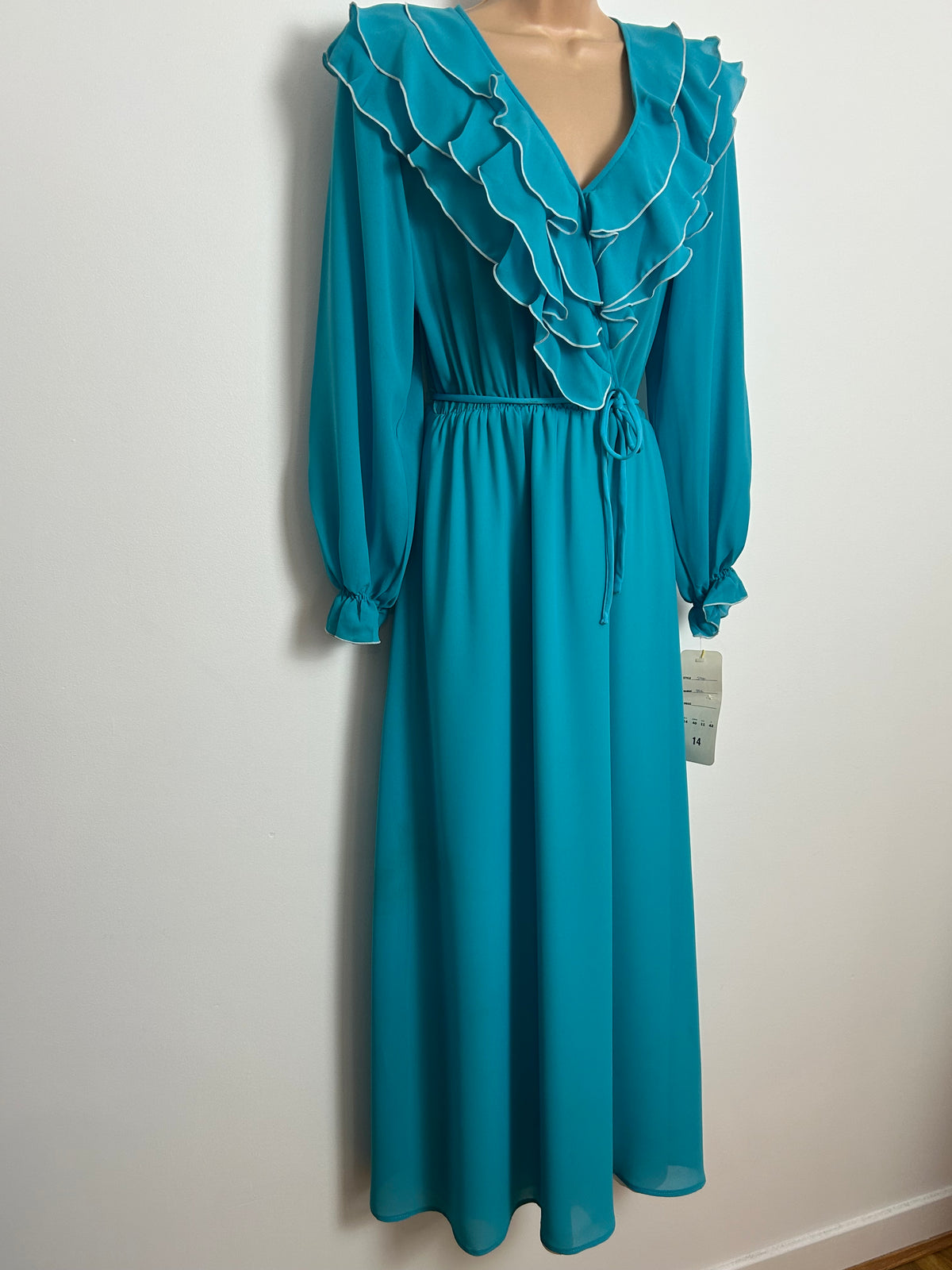 Vintage Late 1970s Deadstock DARREN Size 14 Turquoise Ruffled Long Sleeve Belted Maxi Dress