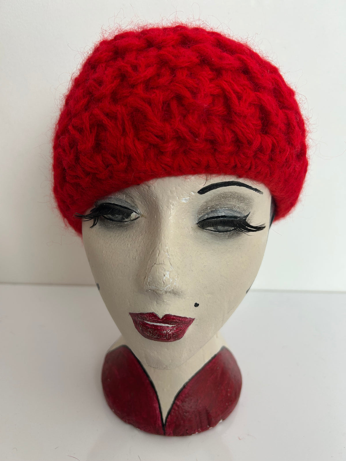 Vintage Red Wool & Angora Chunk Open Stitch Reversible Beanie Beret Style Hat