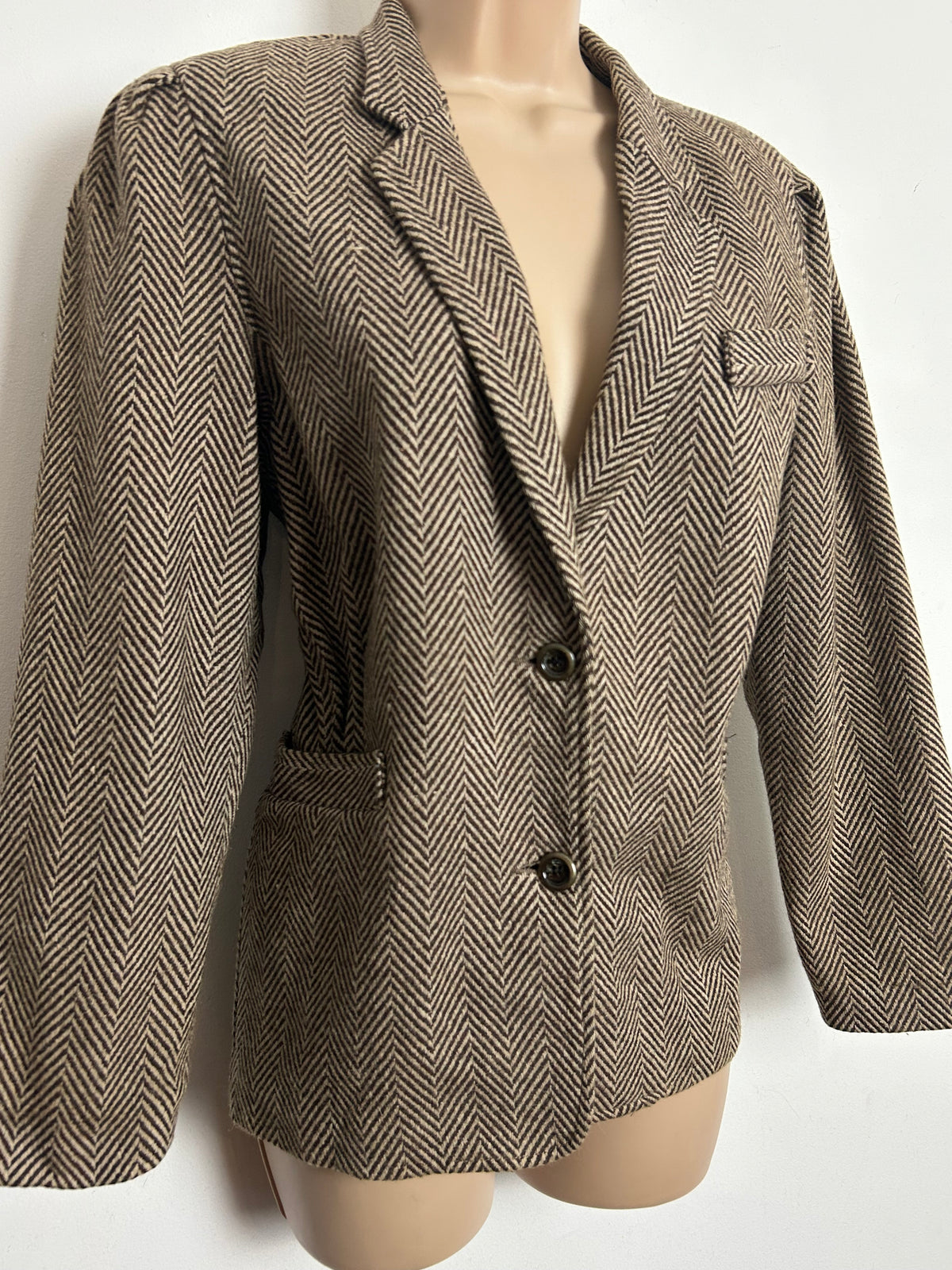 Vintage 1980s BUN'NY Size 10 Brown & Beige Herringbone Wool Blazer